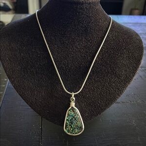 Dichroic Teardrop Necklace – Blue Silver Tone Metallic